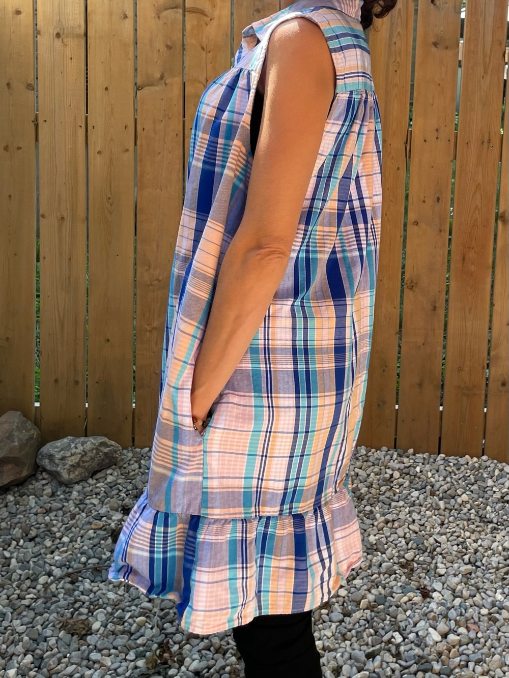 Chaps Sleeveless Plaid Midi Dress in Blue and Peach